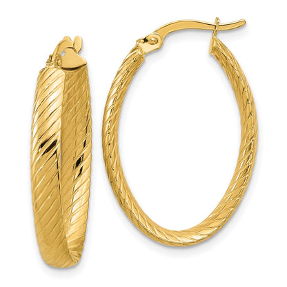 14K Yellow Gold Polished And Grooved Oval Hoop Earrings