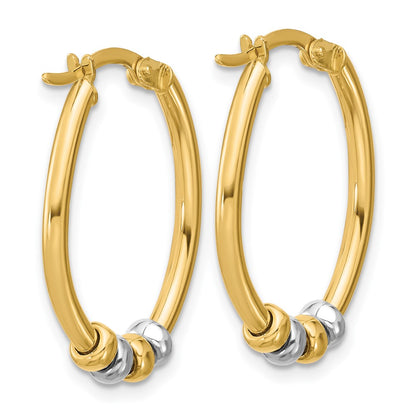 14K Two Tone Polished With Beads Oval Hoop Earrings