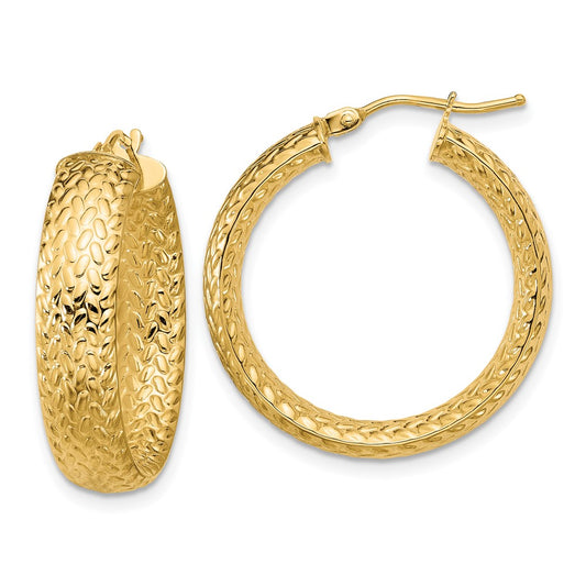 14K Yellow Gold Polished Weave Design Round Hoop Earrings