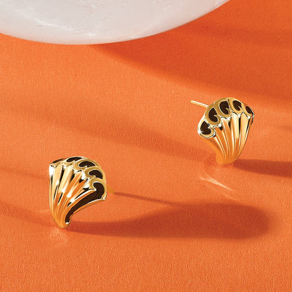 14K Yellow Gold Black Enamel Polished Fancy Post Earrings