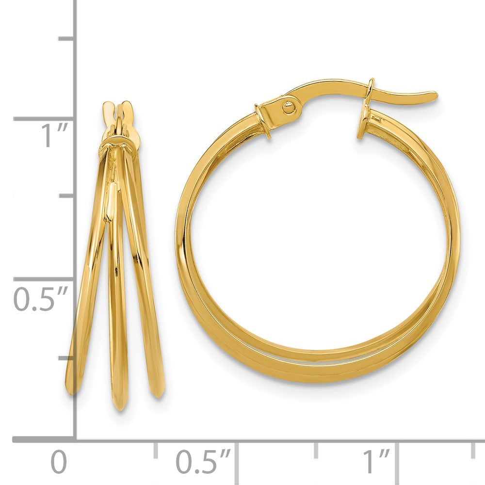 14K Yellow Gold Polished 3 Row Round Hoop Earrings