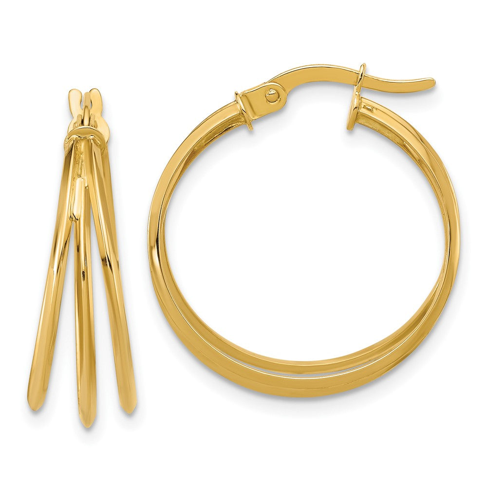 14K Yellow Gold Polished 3 Row Round Hoop Earrings