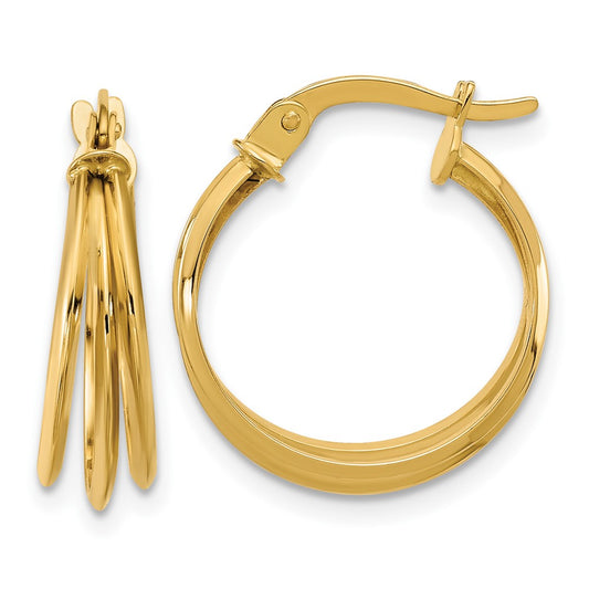 14K Yellow Gold Polished 3 Row Round Hoop Earrings
