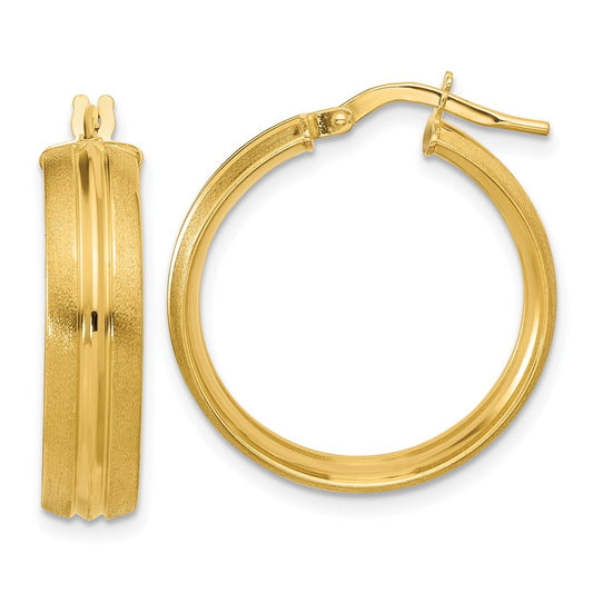 14K Yellow Gold Polished And Satin Round Hoop Earrings