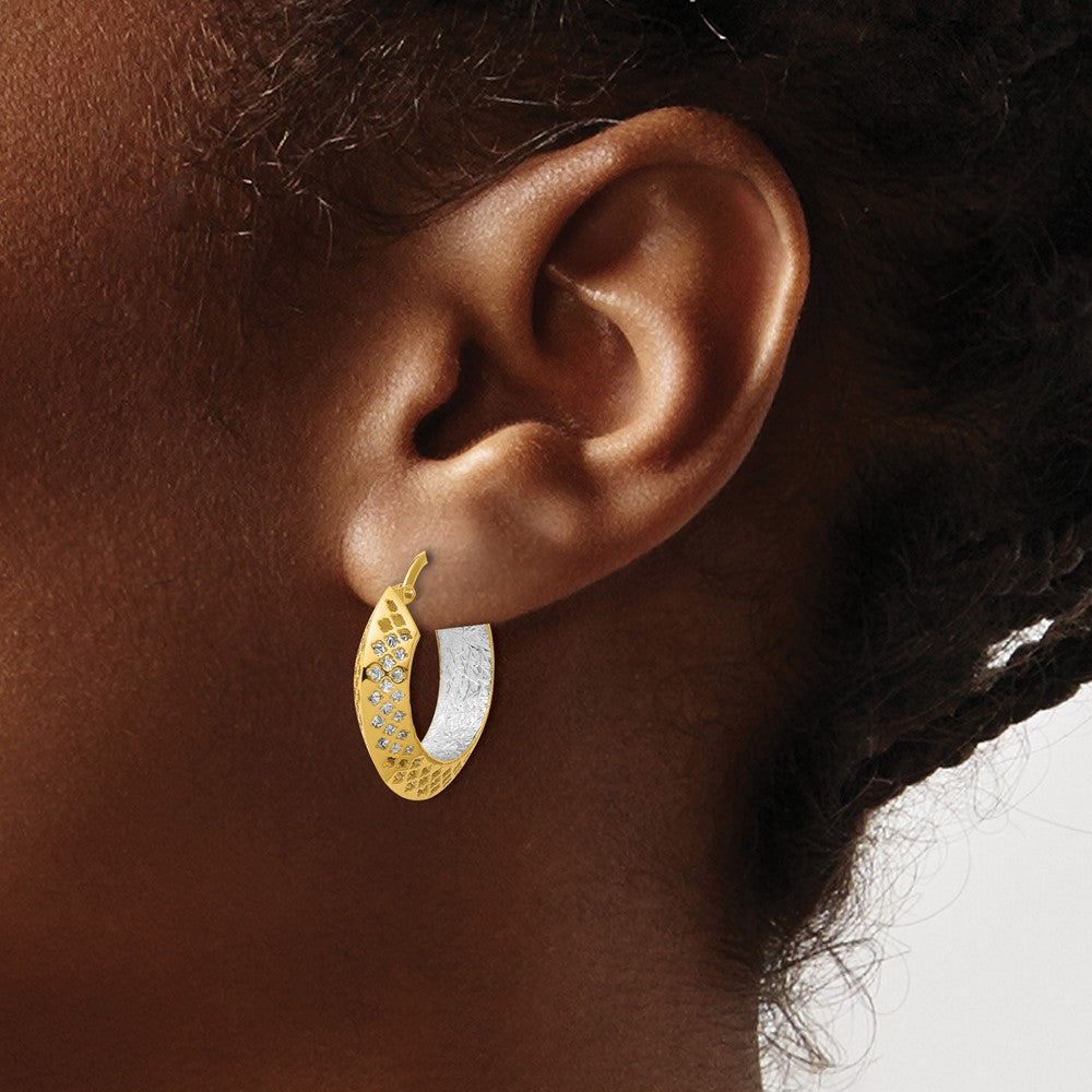 14K Two Tone Polished And Diamond Cut Hoop Earrings