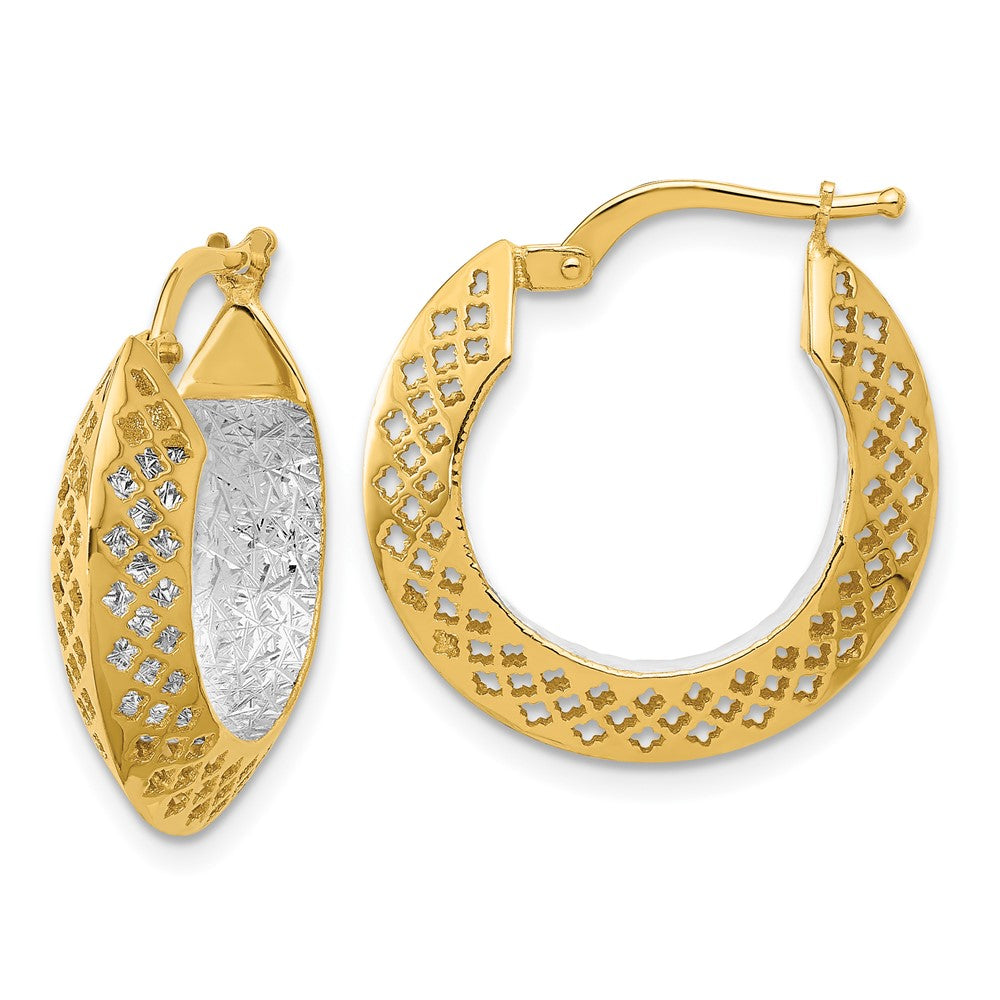 14K Two Tone Polished And Diamond Cut Hoop Earrings