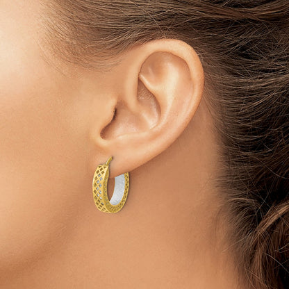 14K Two Tone Polished And Diamond Cut Hoop Earrings
