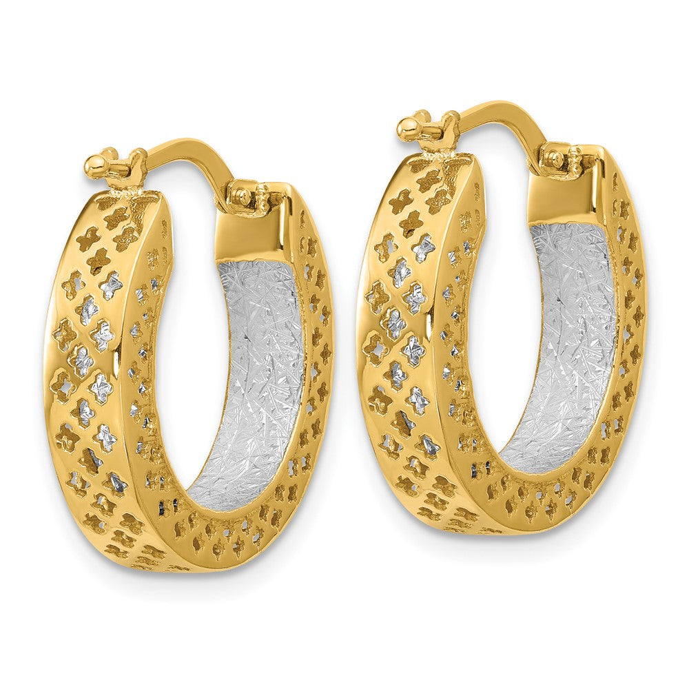 14K Two Tone Polished And Diamond Cut Hoop Earrings