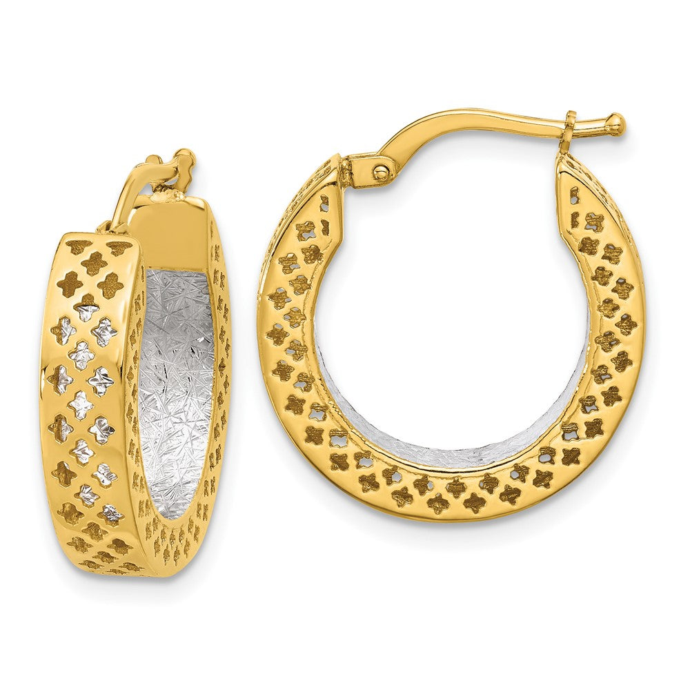 14K Two Tone Polished And Diamond Cut Hoop Earrings