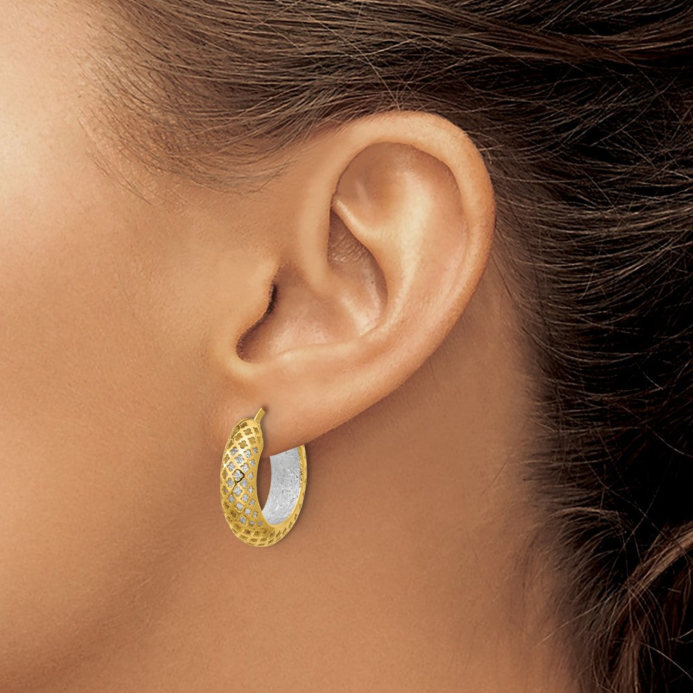 14K Two Tone Polished And Diamond Cut Hoop Earrings