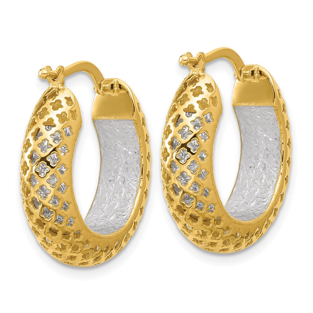 14K Two Tone Polished And Diamond Cut Hoop Earrings