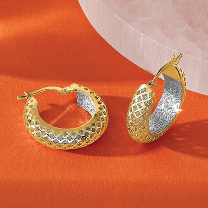 14K Two Tone Polished And Diamond Cut Hoop Earrings