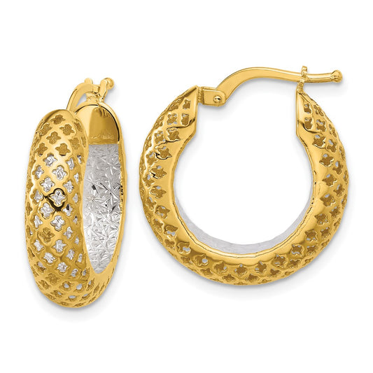 14K Two Tone Polished And Diamond Cut Hoop Earrings
