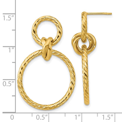 14K Yellow Gold Polished And Twisted Circles Dangle Post Earrings