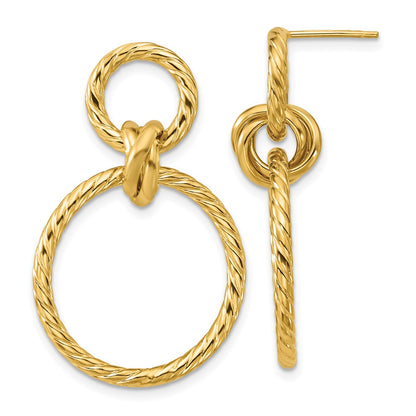14K Yellow Gold Polished And Twisted Circles Dangle Post Earrings