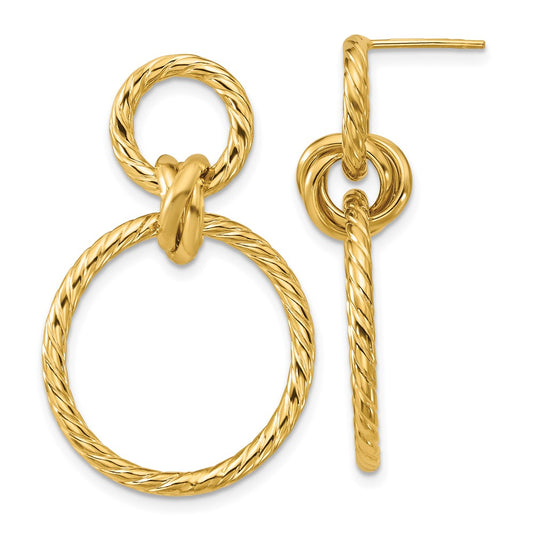 14K Yellow Gold Polished And Twisted Circles Dangle Post Earrings