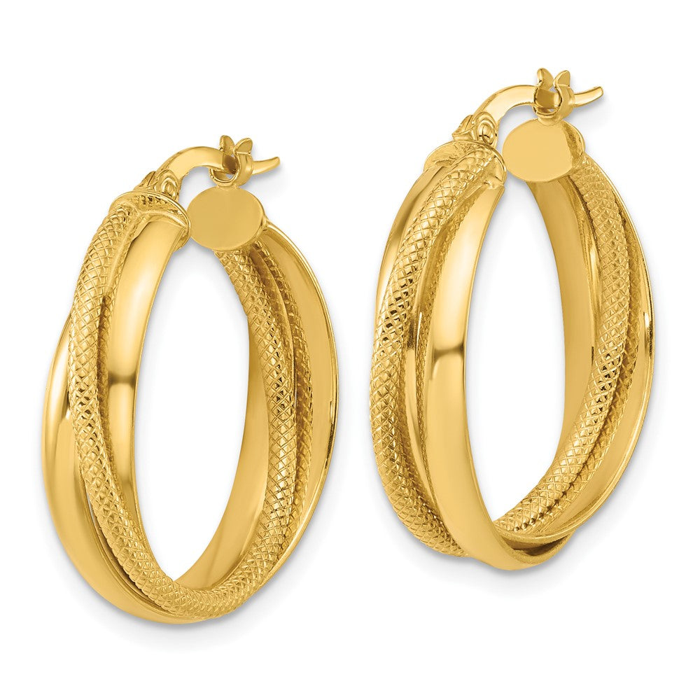 14K Yellow Gold Polished And Textured Round Hoop Earrings