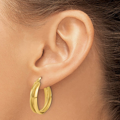 14K Yellow Gold Polished And Textured Round Hoop Earrings
