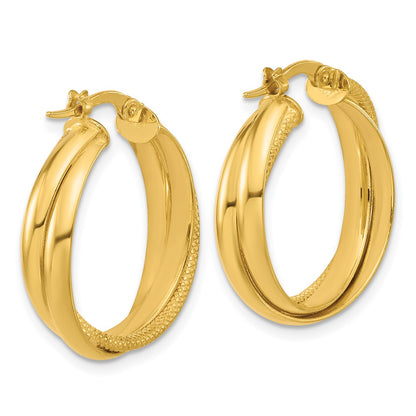 14K Yellow Gold Polished And Textured Round Hoop Earrings