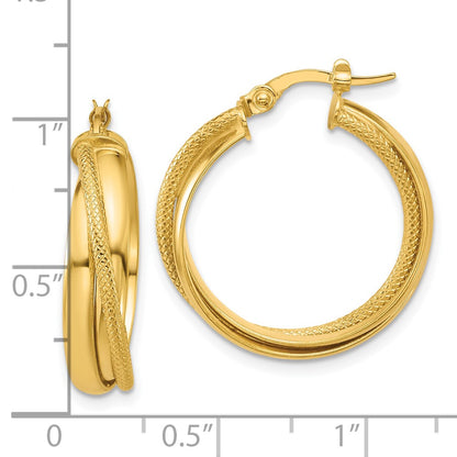 14K Yellow Gold Polished And Textured Round Hoop Earrings