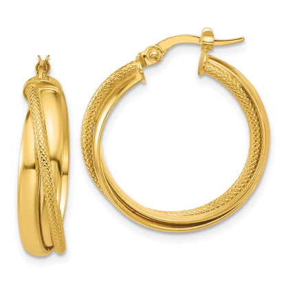 14K Yellow Gold Polished And Textured Round Hoop Earrings