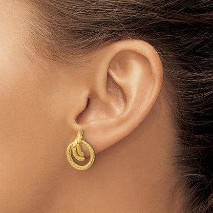 14K Yellow Gold Polished And Twisted Circles Drop Post Earrings