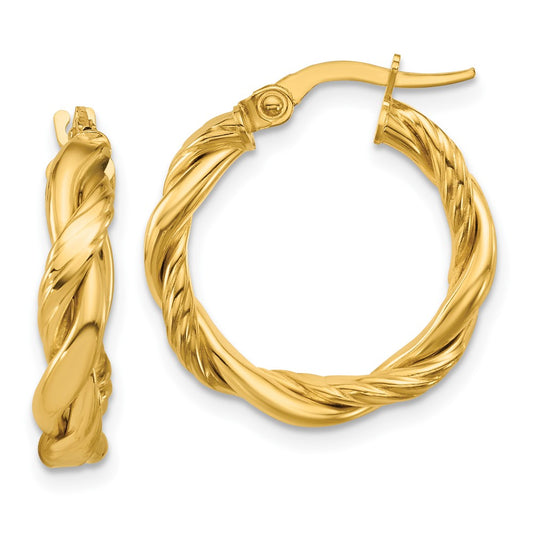14K Yellow Gold Polished And Twisted Round Hoop Earrings