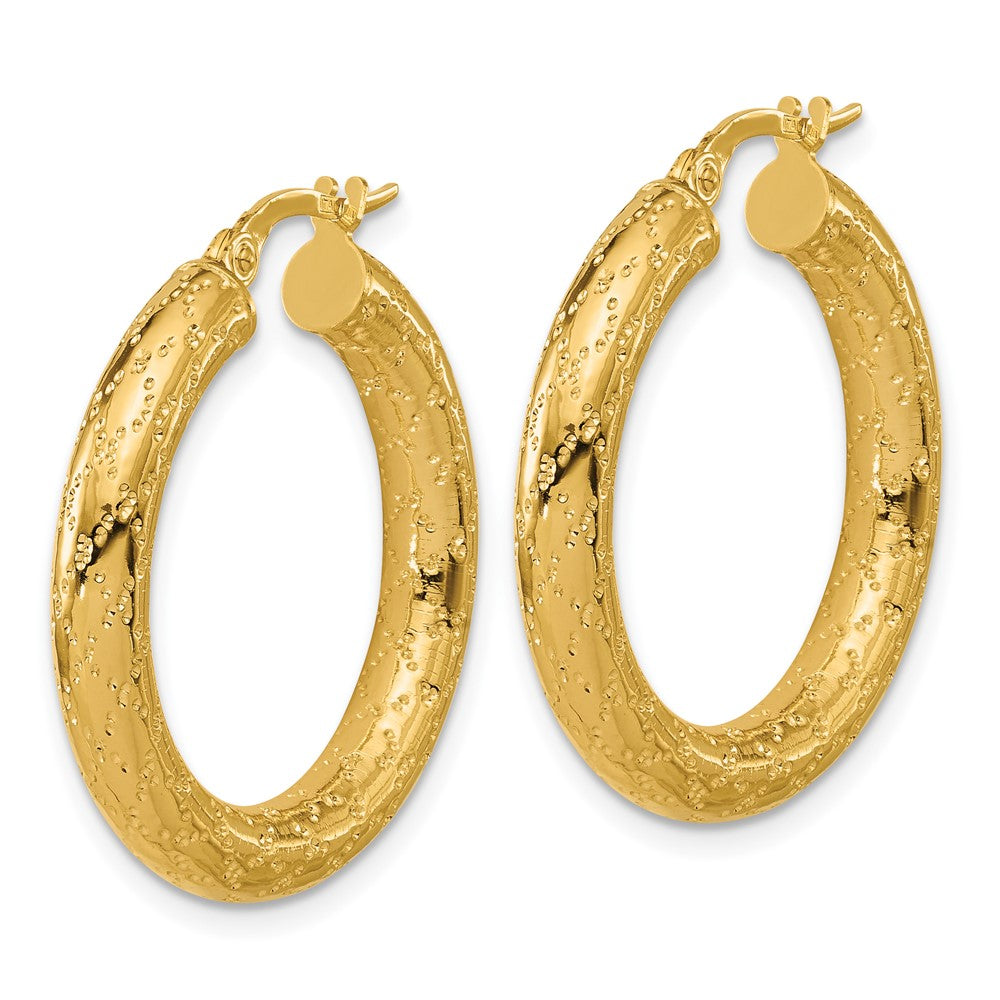 14K Yellow Gold Polished Patterned Round Hoop Earrings