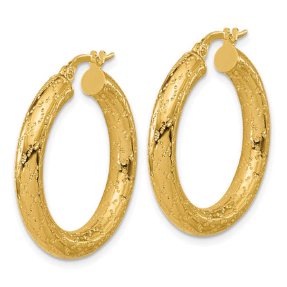 14K Yellow Gold Polished Patterned Round Hoop Earrings
