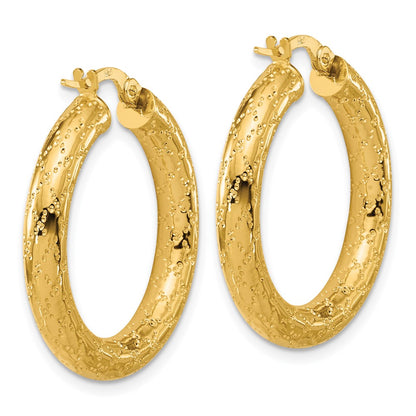 14K Yellow Gold Polished Patterned Round Hoop Earrings