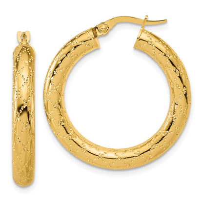 14K Yellow Gold Polished Patterned Round Hoop Earrings