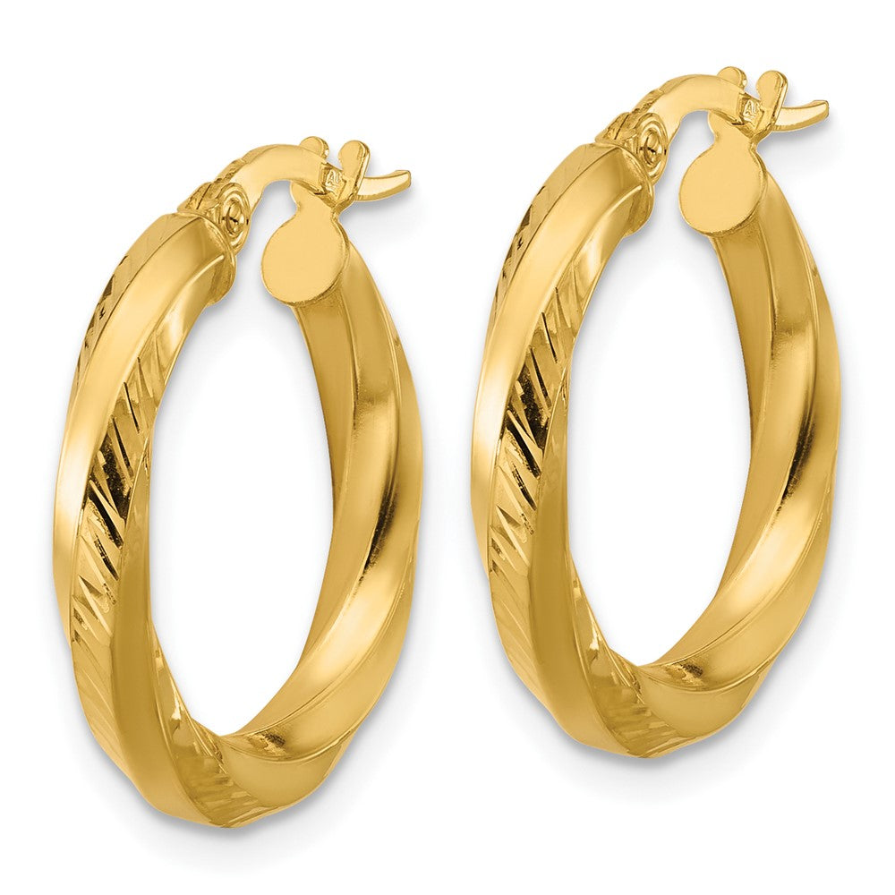 14K Yellow Gold Polished And Diamond Cut Round Hoop Earrings