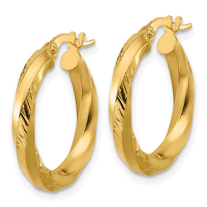 14K Yellow Gold Polished And Diamond Cut Round Hoop Earrings