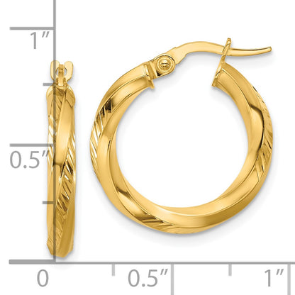14K Yellow Gold Polished And Diamond Cut Round Hoop Earrings