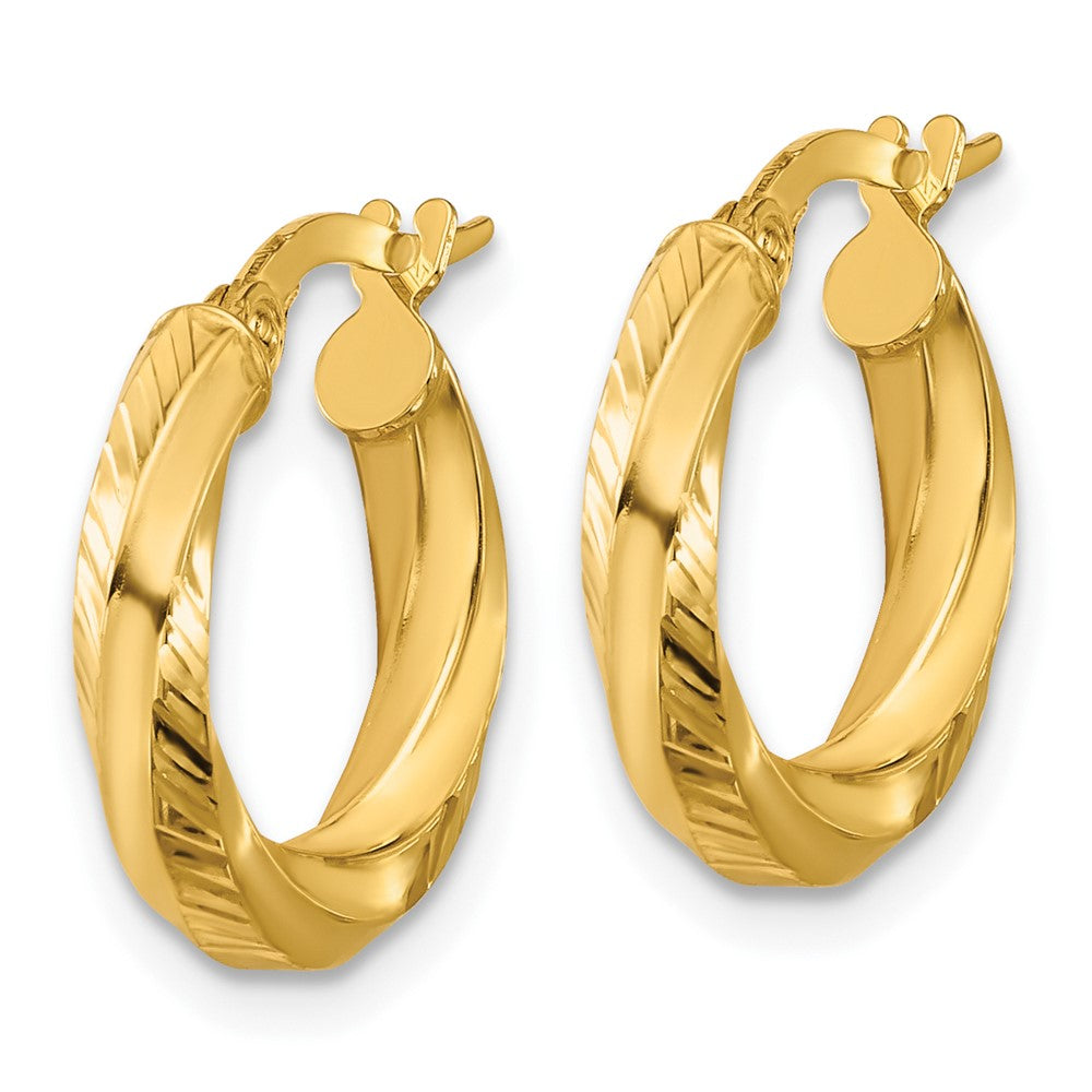 14K Yellow Gold Polished And Diamond Cut Round Hoop Earrings