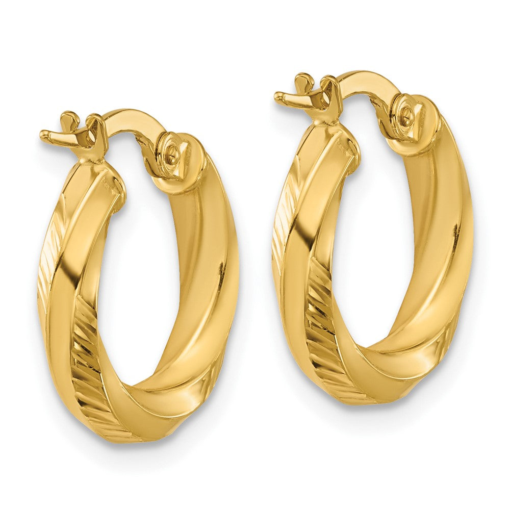 14K Yellow Gold Polished And Diamond Cut Round Hoop Earrings