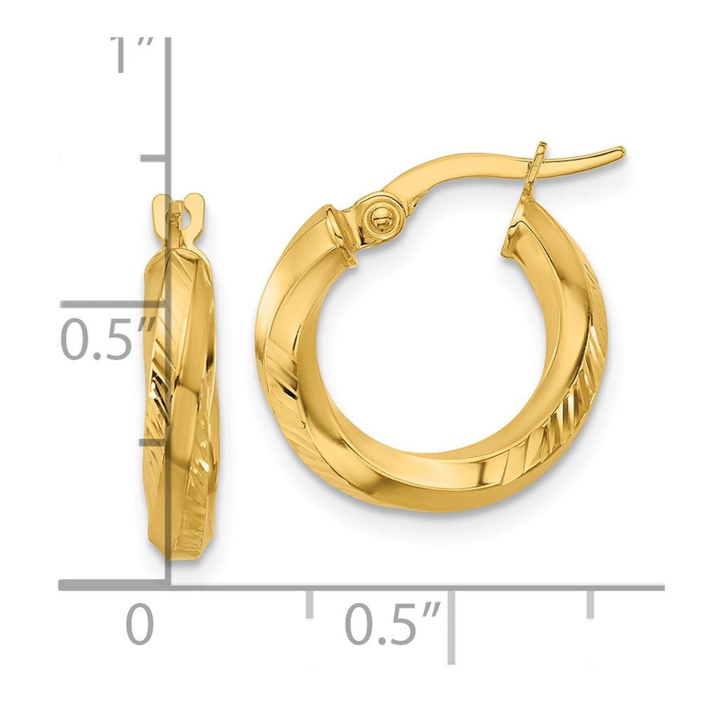 14K Yellow Gold Polished And Diamond Cut Round Hoop Earrings