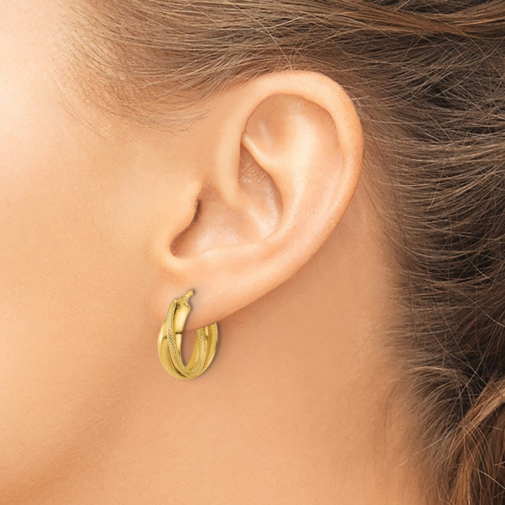 14K Yellow Gold Polished And Textured Round Hoop Earrings