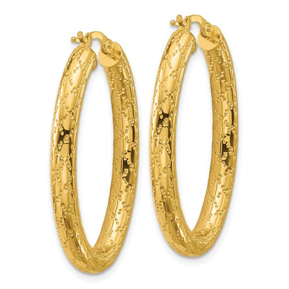 14K Yellow Gold Polished Patterned Oval Hoop Earrings
