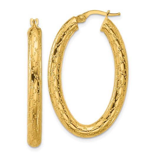 14K Yellow Gold Polished Patterned Oval Hoop Earrings