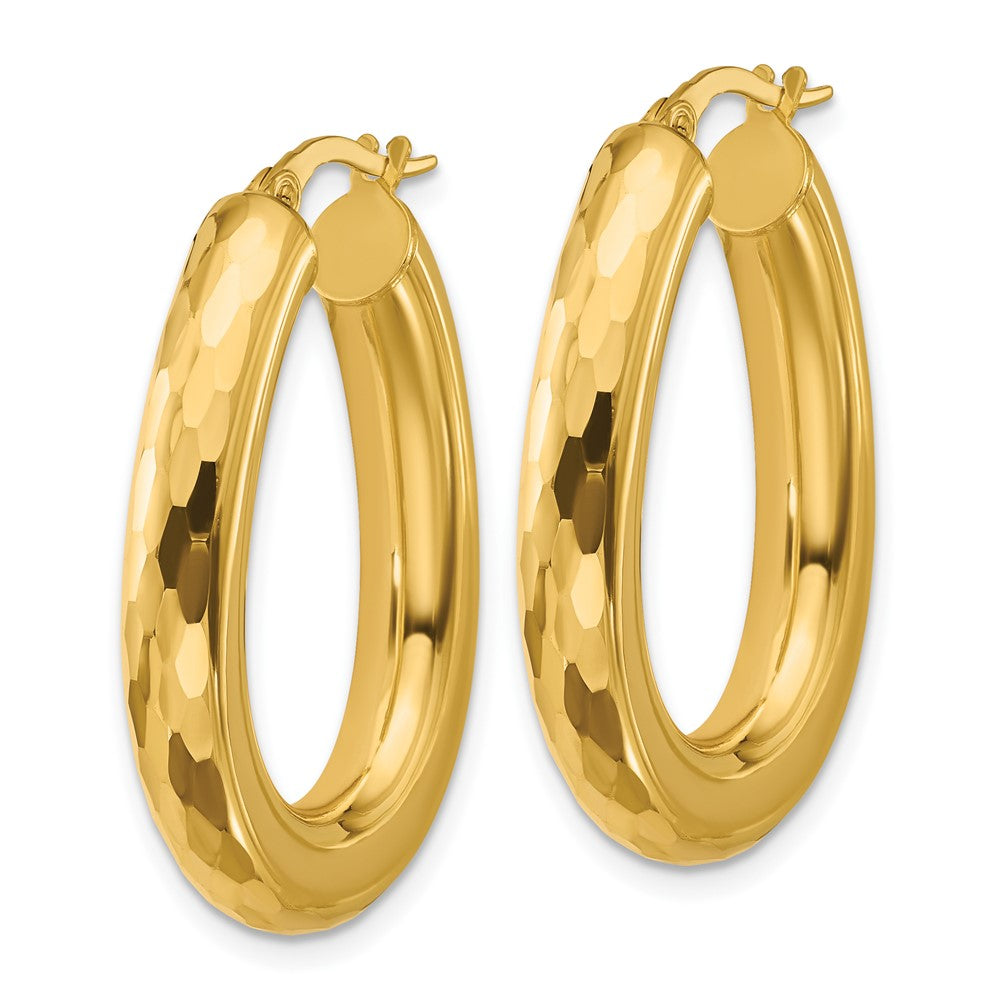 14K Yellow Gold Polished And Diamond Cut Oval Hoop Earrings