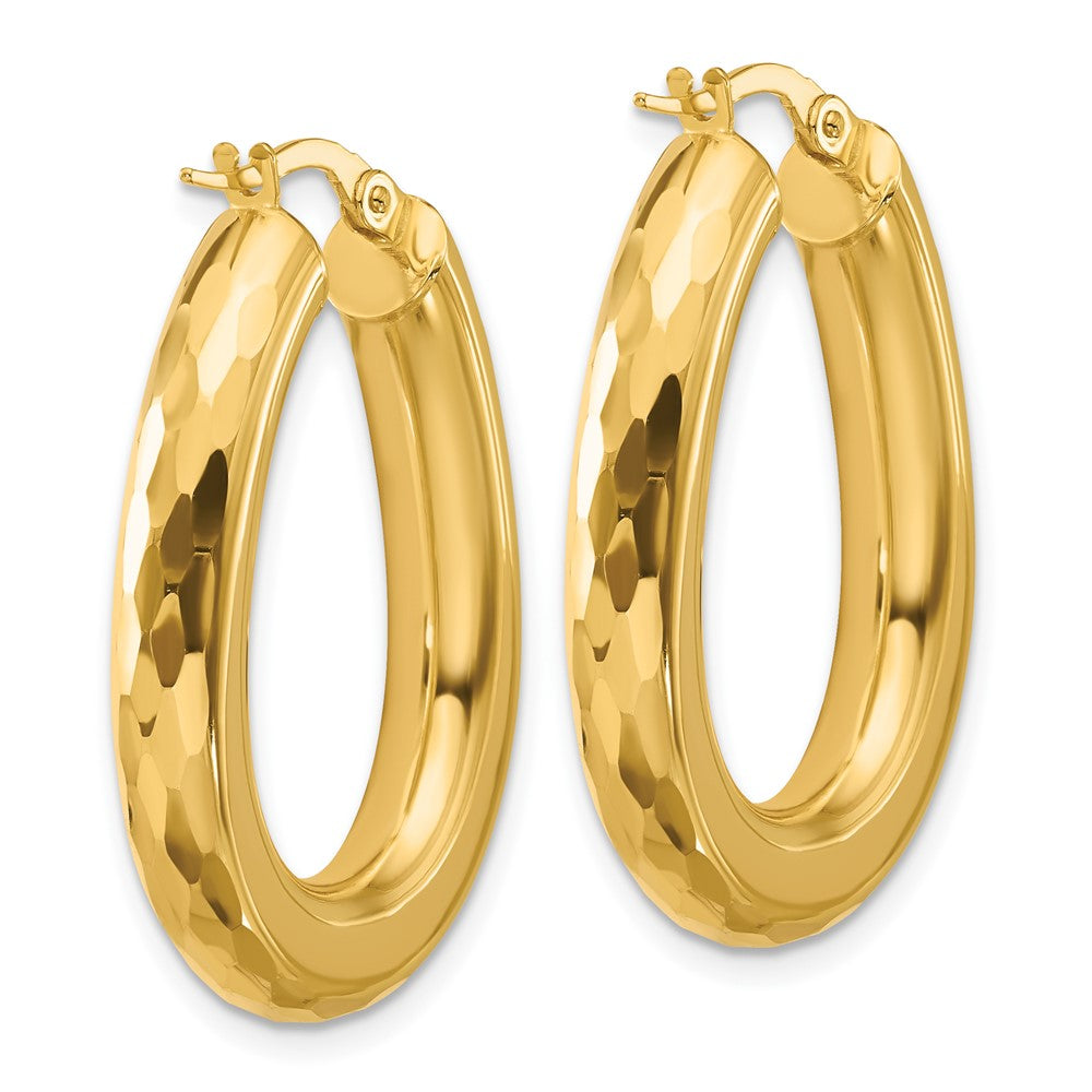 14K Yellow Gold Polished And Diamond Cut Oval Hoop Earrings