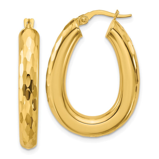 14K Yellow Gold Polished And Diamond Cut Oval Hoop Earrings