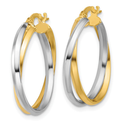 14K Two Tone With Rhodium Polished Twist Round Hoop Earrings