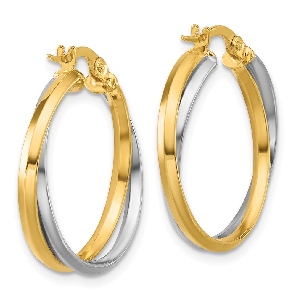 14K Two Tone With Rhodium Polished Twist Round Hoop Earrings