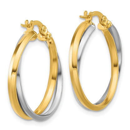 14K Two Tone With Rhodium Polished Twist Round Hoop Earrings