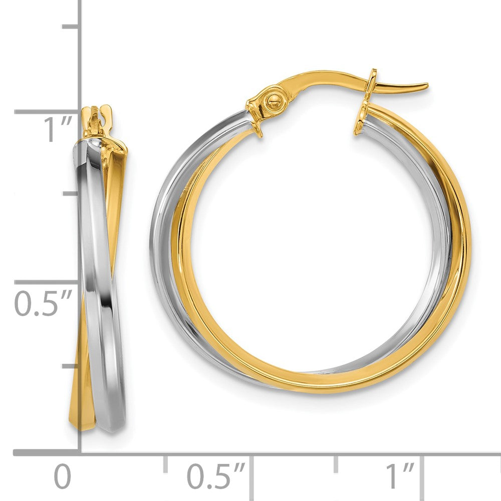 14K Two Tone With Rhodium Polished Twist Round Hoop Earrings