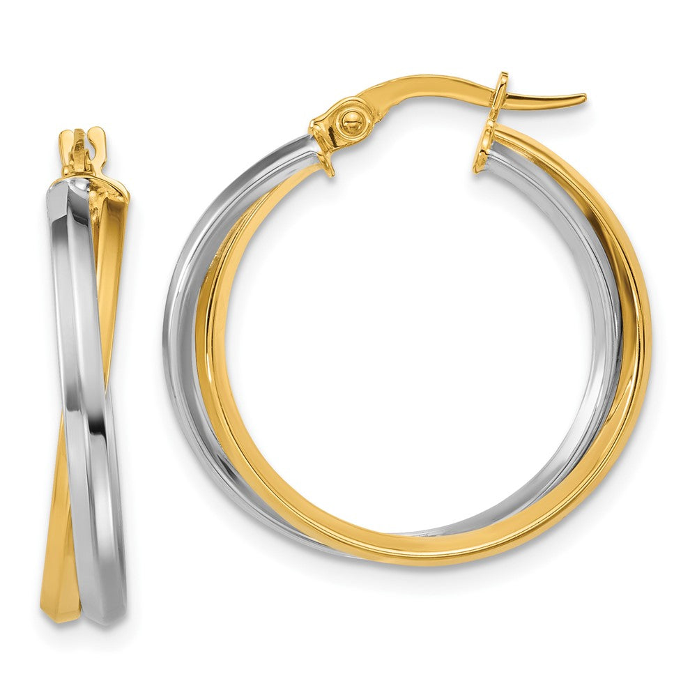 14K Two Tone With Rhodium Polished Twist Round Hoop Earrings