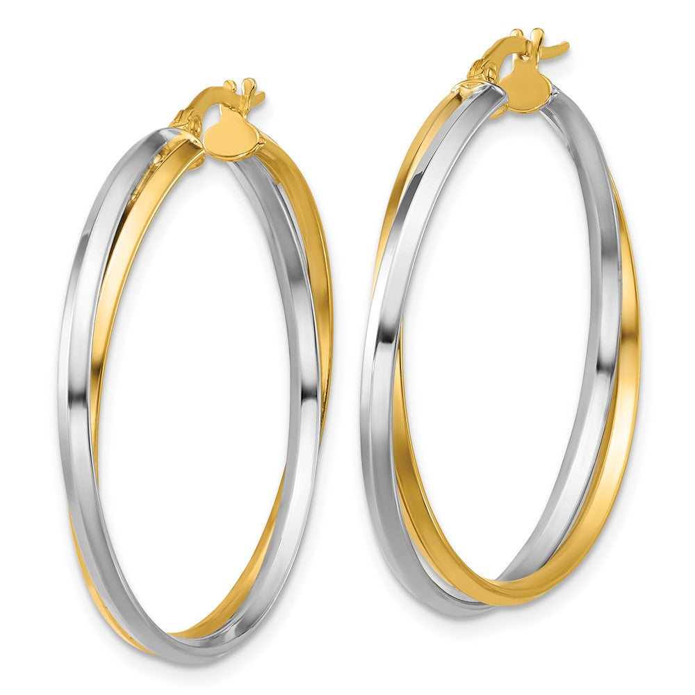 14K Two Tone With Rhodium Polished Twist Round Hoop Earrings