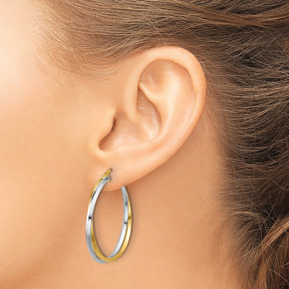 14K Two Tone With Rhodium Polished Twist Round Hoop Earrings